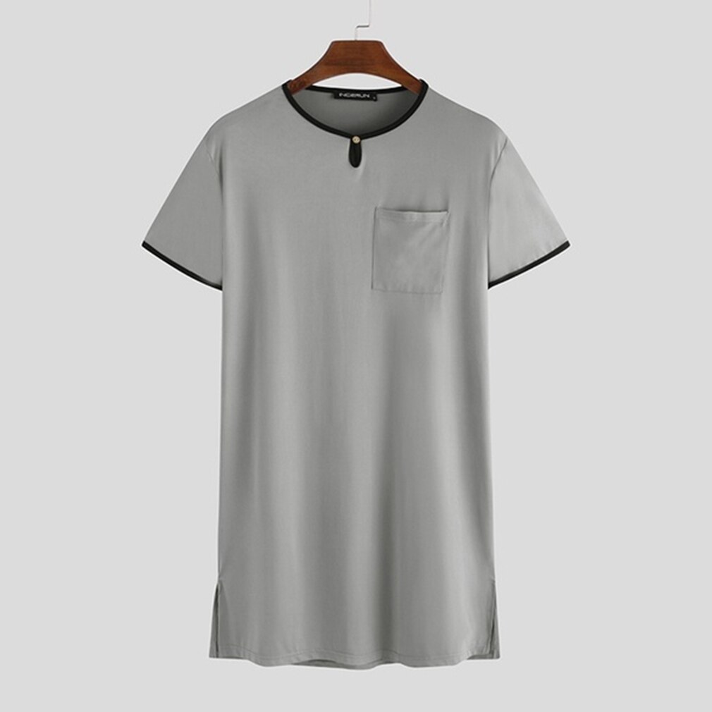 Men's Summer Cotton Long Shirt Short Sleeve Nightwear Big Tall Plus Size Comfy Housewear: grey / M