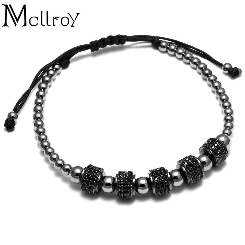 Mcllroy mænd armbånd runde perler micro pave sort cz krystal macrame vævet flettet charme armbånd smykker pulseras mujer moda