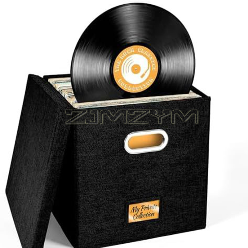 Collapsible Vinyl Record Storage Box Multi-Compartment Album Box Fabric Vinyl Record Dustproof Organizer With Lid Handles cd보관함: black