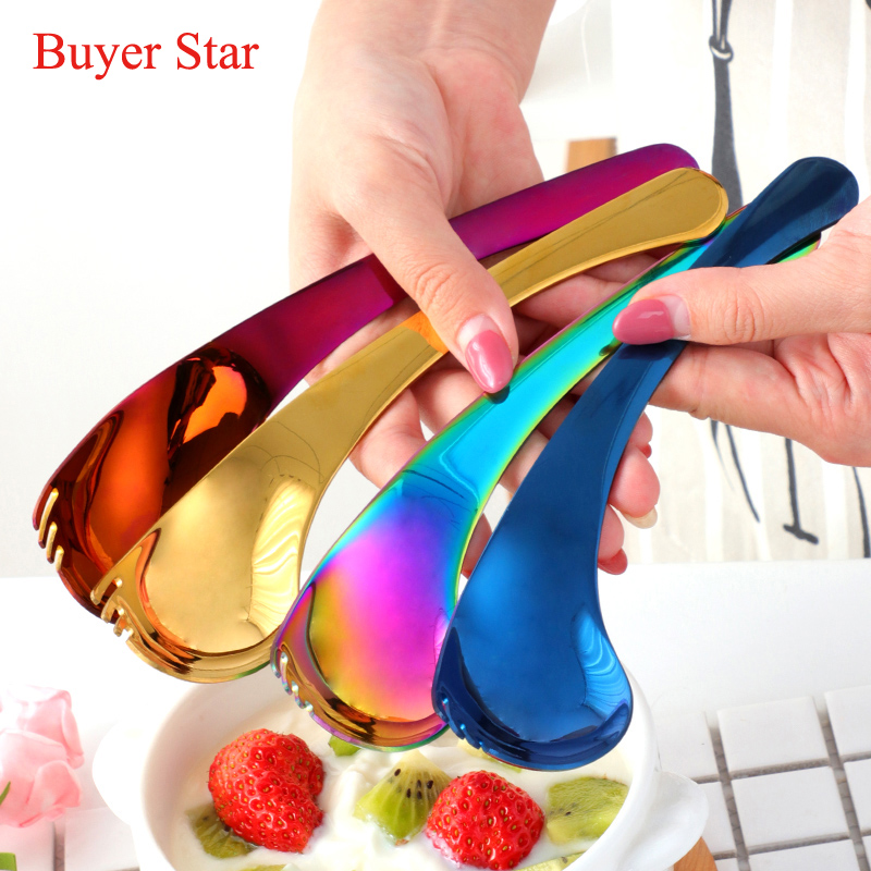 2 pçs criativo 18/10 aço inoxidável dobrar sobremesa colher 2 em 1 salada colher garfo frutas coloridas sporks utensílios de cozinha