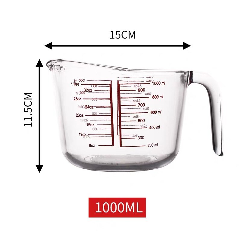 Taza medidora de vidrio resistente al calor con escala, herramienta de medición de vidrio para horno microondas, Hornear en Casa con agarre en ángulo de medición roja: 1000ml