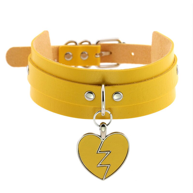 Weibliche Breite Leder Halsband Verstellbare Halsketten Punk Nacht Club Party Jewely Blitz Liebe Herz Anhänger Kragen Halsketten: Yellow