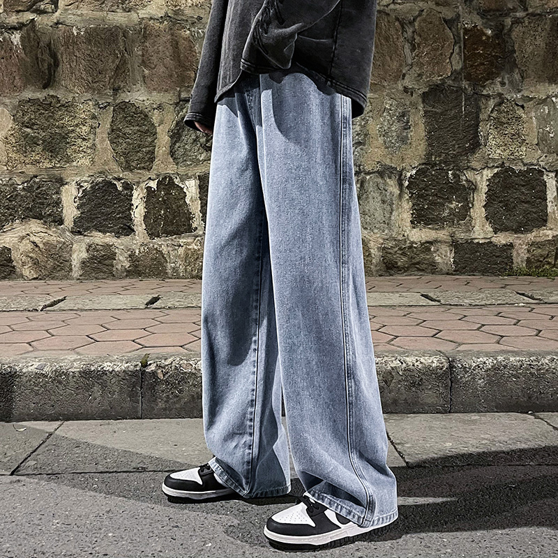 2023 männer Jeans Koreanische Ausführung Schüler lässig Hosen hoch Straße Gerade verlieren Breite Bein Jeans Schwarz Grau Blau ausgebeult Jeans: XXXS / Schwarz