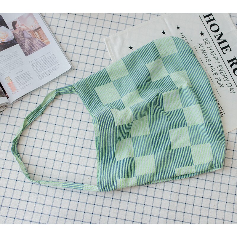Cotton Canvas Green Blue Check Eco Shopping Tote Shoulder Bag Cross Body Strap SB