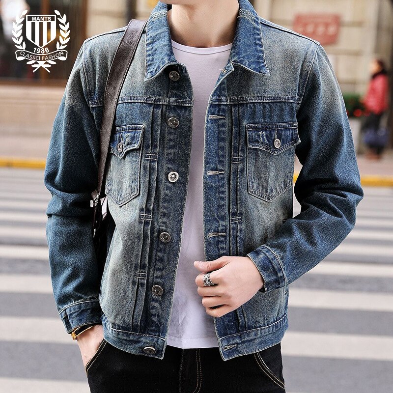 Spring autumn teenagers Slim tooling denim jacket plus size denim jacket men\'s gown Korean style tops street coat