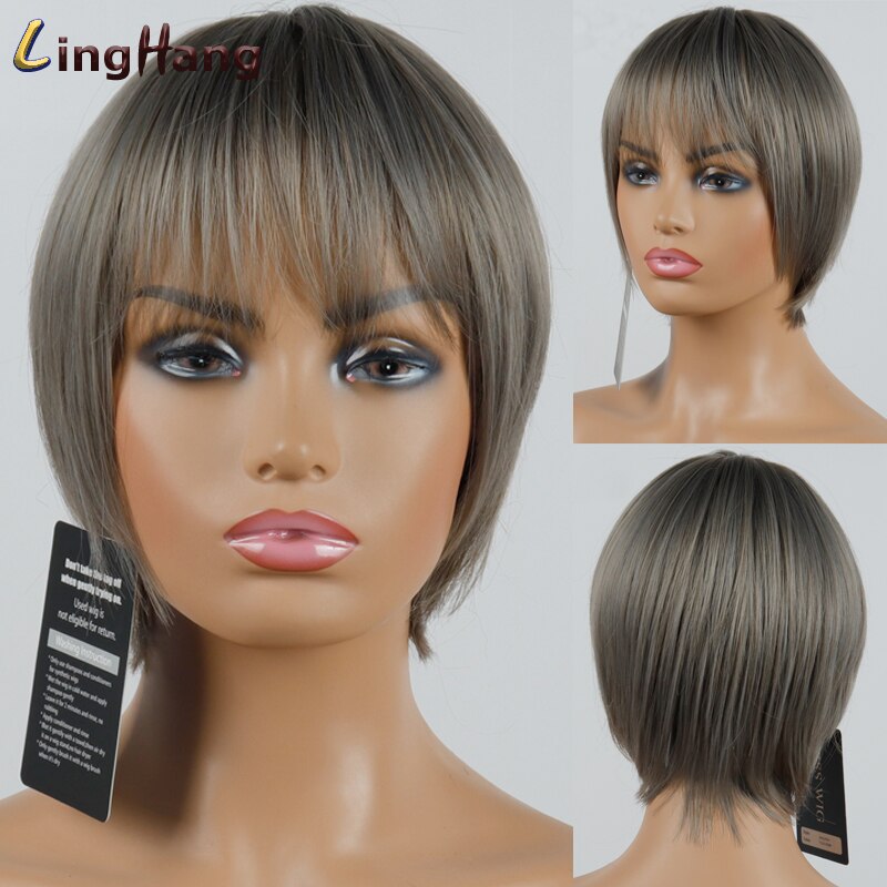 LINGHANG Short Brown Black Straight Wig Pixie Hair Cut Style Wigs For Women Synthetic Hair High Temperature Fiber: 10A-68