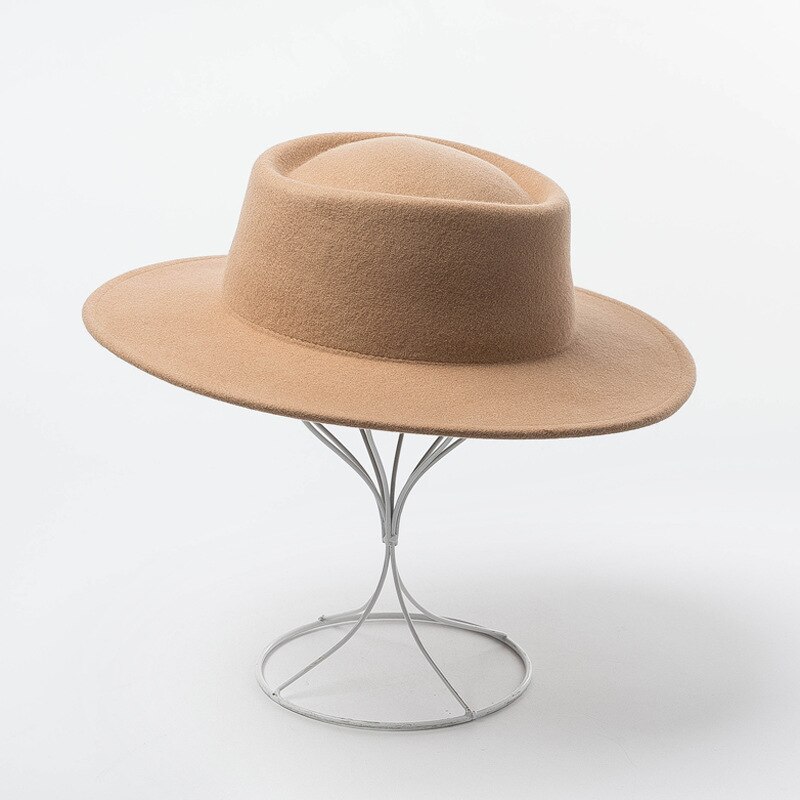 Ring flad top uld filt hat damer konkav form rejse filt hat 8 farve: Brun