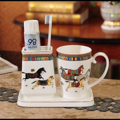 Juego de accesorios de baño de cerámica para cepillos de dientes taza de gárgaras con bandeja estilo europeo 3 piezas Set de de boda: 3 Pieces Set F