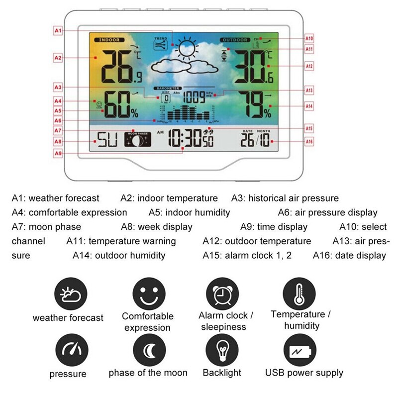 3383F Weather Station Temperature Humidity Meter Indoor Outdoor Hygrometer Weather Forecast Snooze Function Clock