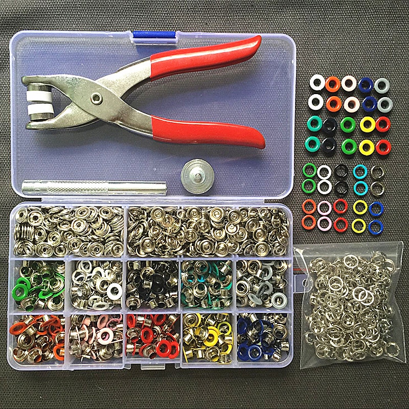 1 pc Pince + 1 set Oeillets Outil + 100 ensembles 10 Couleurs 9.5mm Bouton Pression Boutons Attaches Boutons-pression Boutons-pression Boucle + 200 pièces 5mm Oeillets