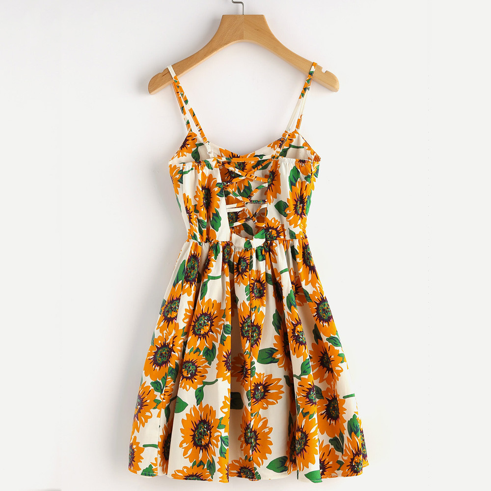 Womens Mouwloze Jurk Dames Bloemenprint Alles Party Mini Dresswomen Zonnebloem Print Sling Dress Mode: L