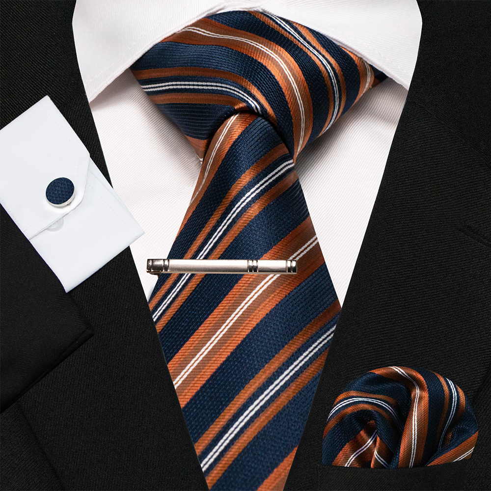 KAMBERFT-Corbata de seda a rayas azul marino para hombre, de , , conjunto de mancuernas, pañuelo, de negocios