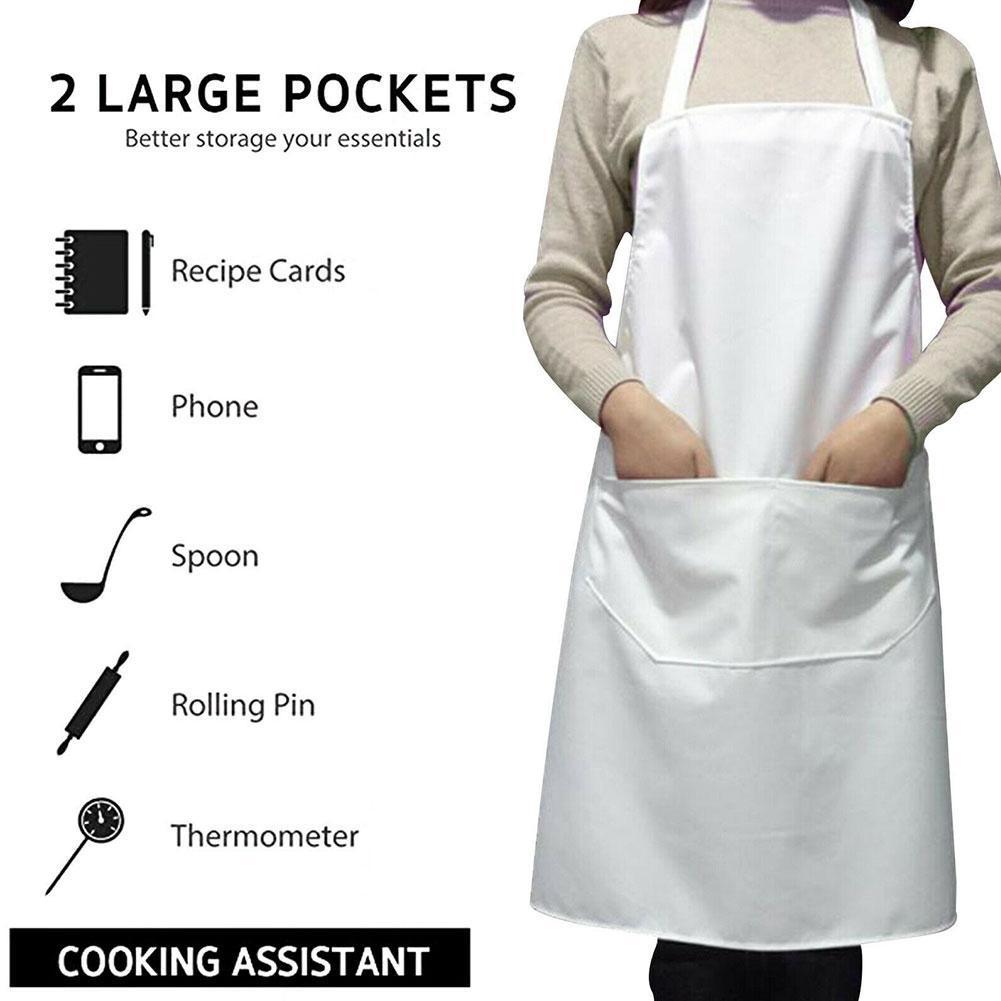 Delantal de trabajo de limpieza blanco, de fácil uso delantal de cocina, ropa de Chef para hornear con bolsillos, cocina casera, Unisex
