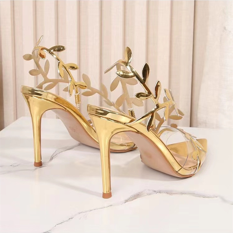 Summer Patent Leather Gold Leaf Women Sandals Pointed toe Thin High heels Gladiator Sandalias Party Shoes