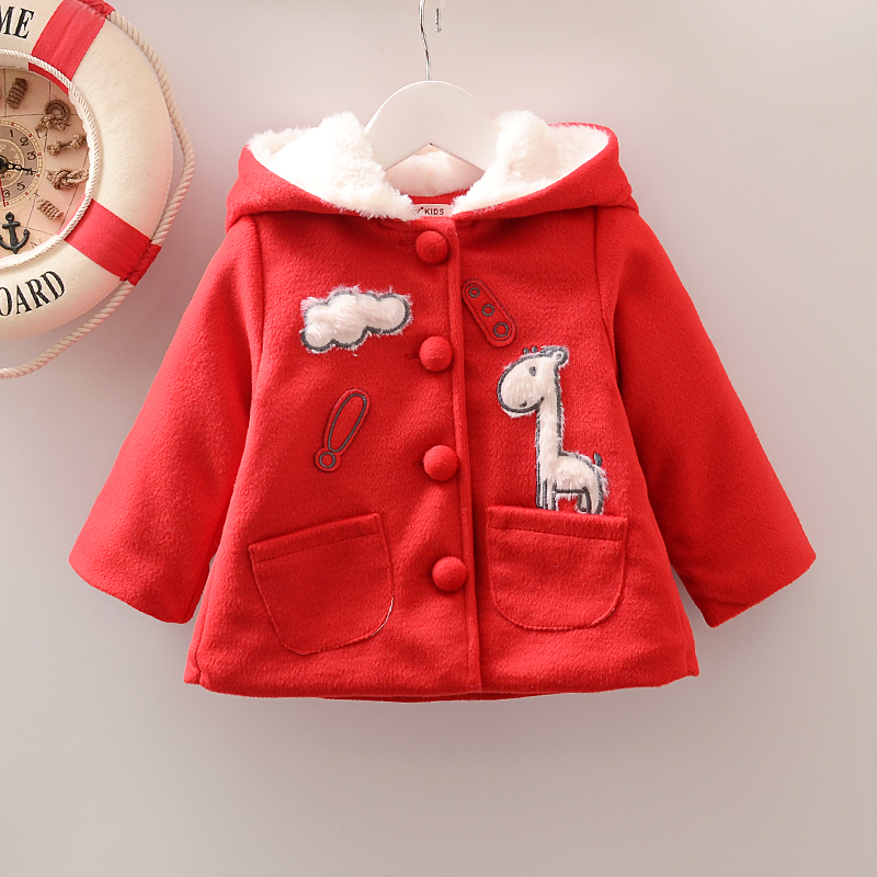 Female baby autumn winter coat, cartoon with hat collar coat.