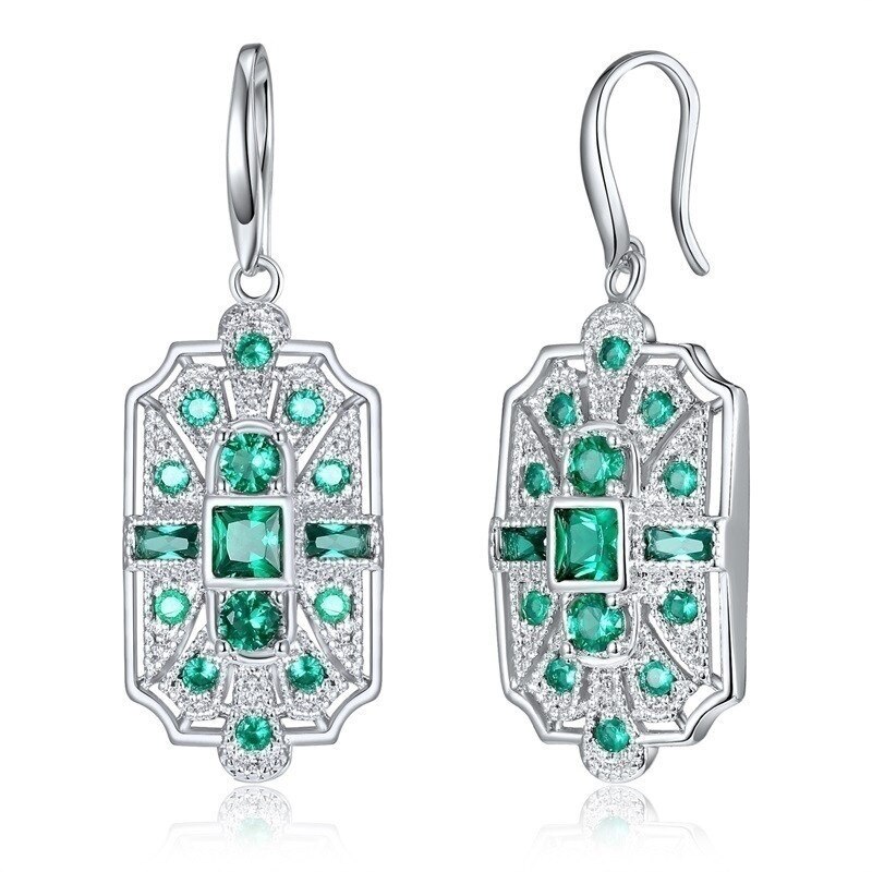 Art Deco Blue Stone Dangle Earrings Hook Earring CZ Women Charm Bridal Engagement Wedding Jewelry: Green