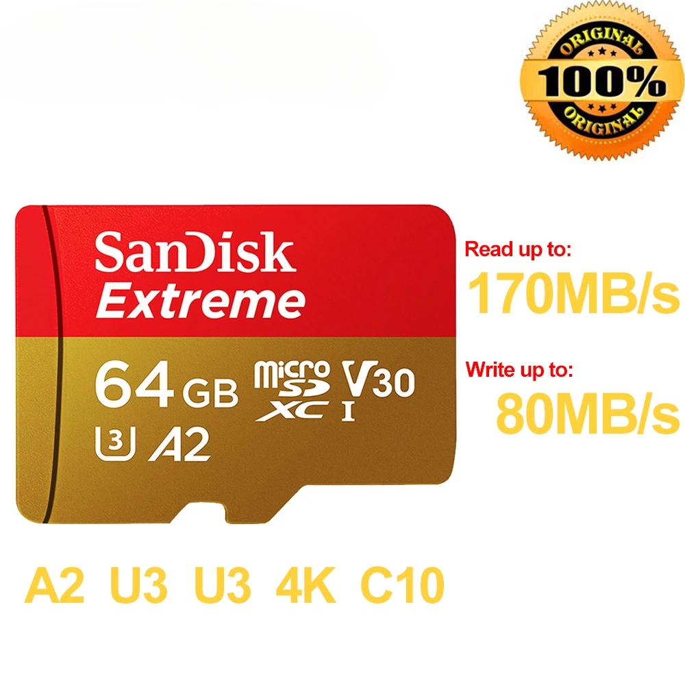 100% SanDisk Extreme MicroSD Card U3 A2 Memory Card V30 256GB 128GB 64GB 32GB Original TF Card A1 for Camera 512gB 1TB SDXC tf: 512MB