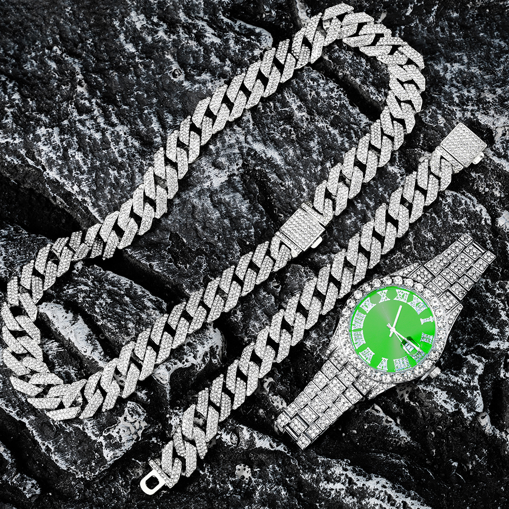 Reloj de cadena cubana de 16MM para hombre, Hip Hop, 3 uds., Miami, diamantes de imitación pavimentados, rapero, collar cubano, traje, reloj + pulsera, joyería: 45 cm / Rodio plateado