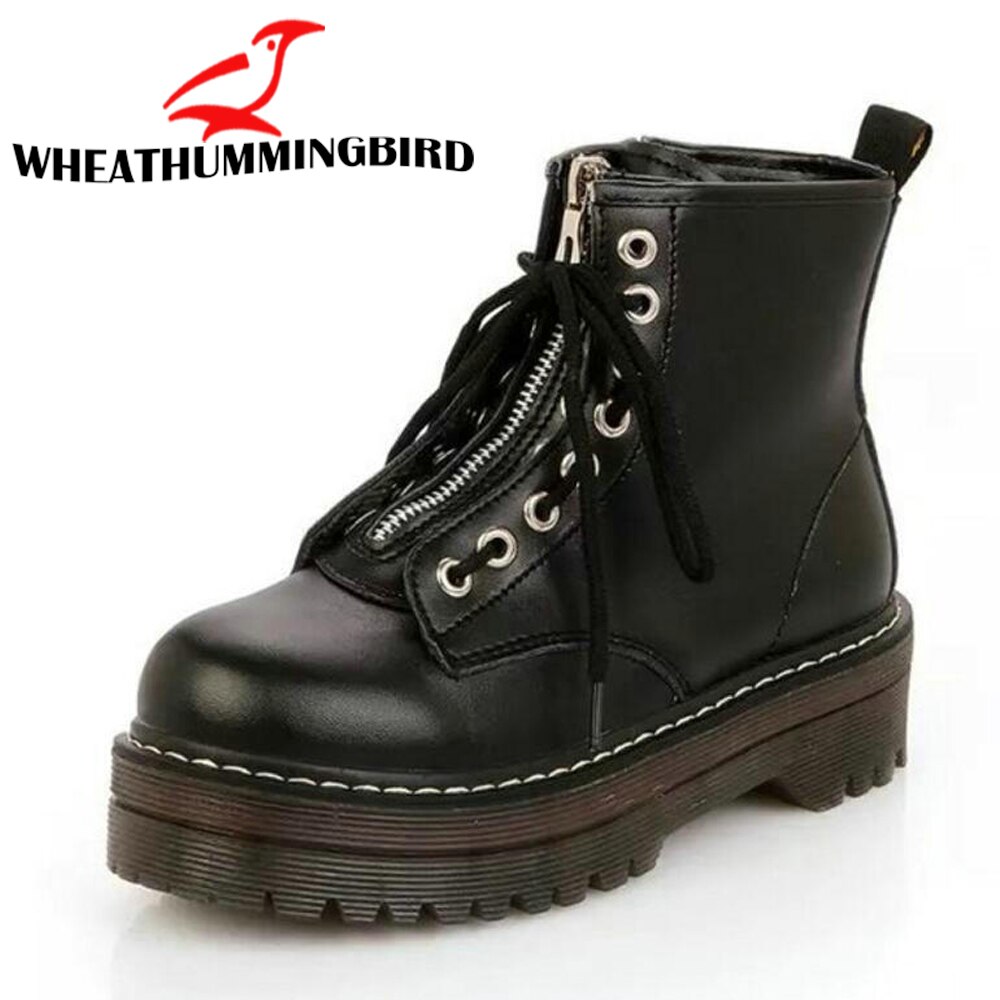 Frauen kurze knöchel Spitze hoch Stiefel Frau Plattform Leder draussen motorcyle Stiefel Reißverschluss Martin Bootie Punk Bota Feminina B12-05: Schwarz / 10