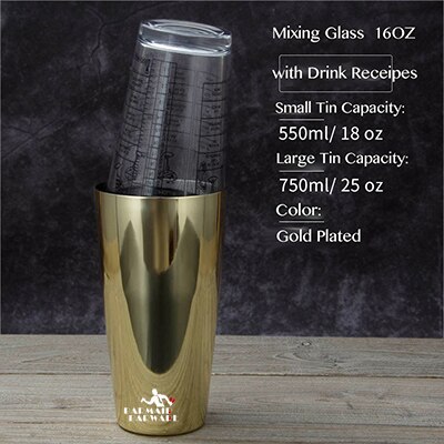 Stainless Steel Cocktail Boston Bar Shaker & 16 Oz. Mixing Glass Kit Cocktail Boston Shaker: Gold2