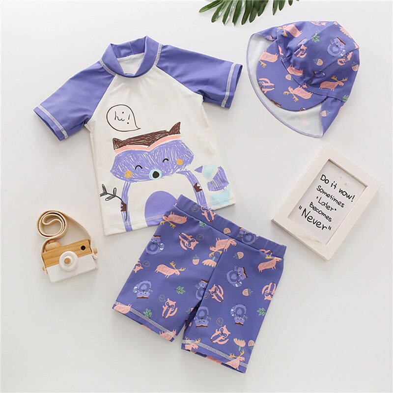 Conjunto de ropa de natación para niños, Tops de manga corta púrpura, pantalones cortos, sombrero, 3 uds., trajes de protección solar para playa, ropa de bebé