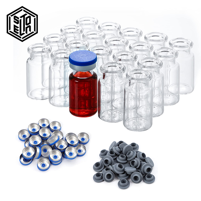 100- pack 10ml injektionsflaskor i genomskinligt glas för injektion, gummipropp och snäpplock för laboratorieprover