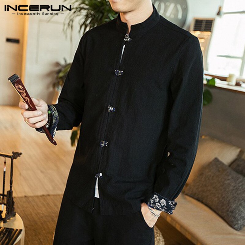 Incerun vintage heren overhemd katoen lange mouw effen mandarijn kraag streetwear camisa chinees traditioneel casual heren overhemd