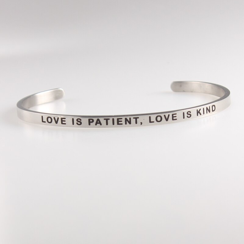 Neuheiten BROTHER Edelstahl Inspirational Positive Zitieren Manschette Mantra Armbänder & Armreifen Für Frauen Beste: LOVE IS PATIENT LOVE