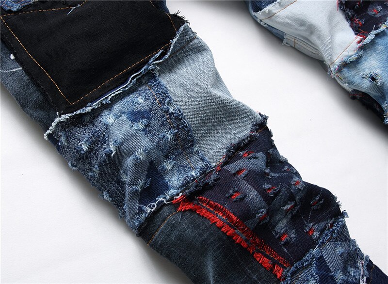 Jeans rasgado botão de ajuste reto masculino destruído retalhos punk hip hop moda algodão denim calças dropshipping