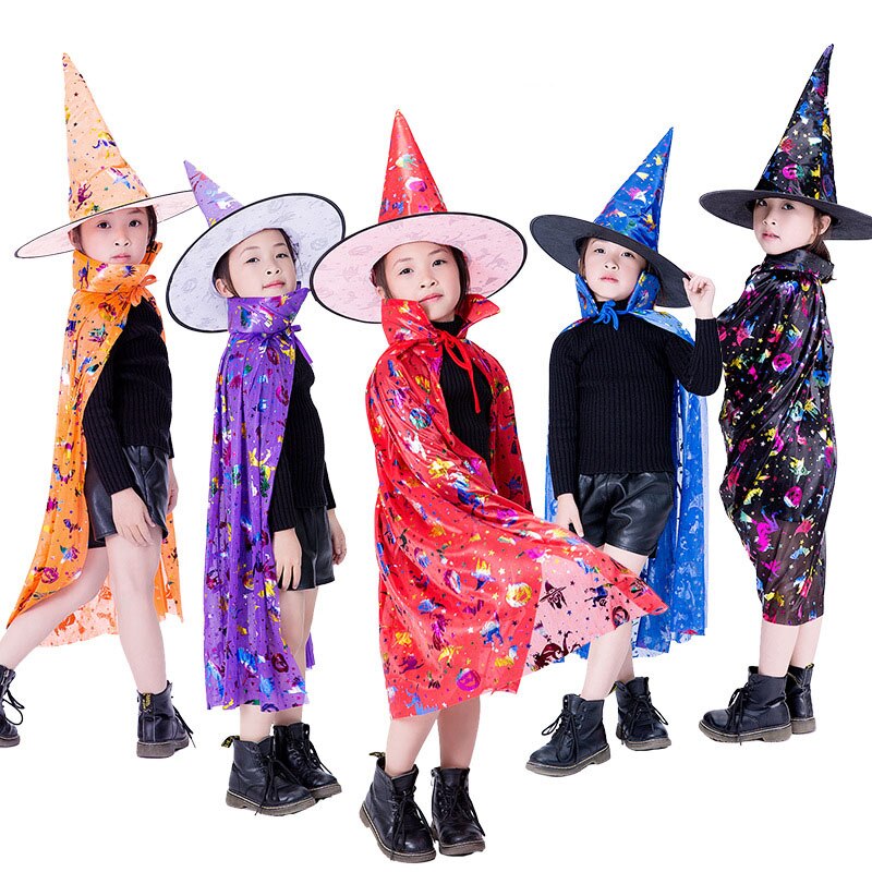 Kostium na bal maskowy czarodziej peleryna czarownicy peleryna szata z kapeluszem na pokaz gry Halloweens magiczne różdżki dla dzieci dzieci