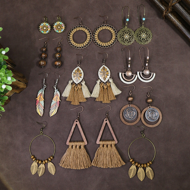 Pendientes étnicos Vintage bohemios con forma de gota para mujer, aretes largos bohemios con cuentas y borlas de madera, aretes redondos geométricos de hojas y flores, joyería