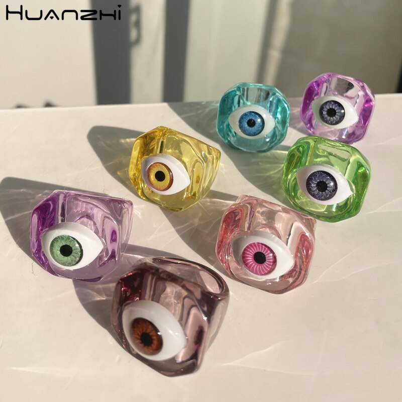 HUANZHI Neue Koreanische eins Bunte Transparente Augen Harz Geometrische Runde Ringe für Frauen Mädchen Sommer Party Schmuck