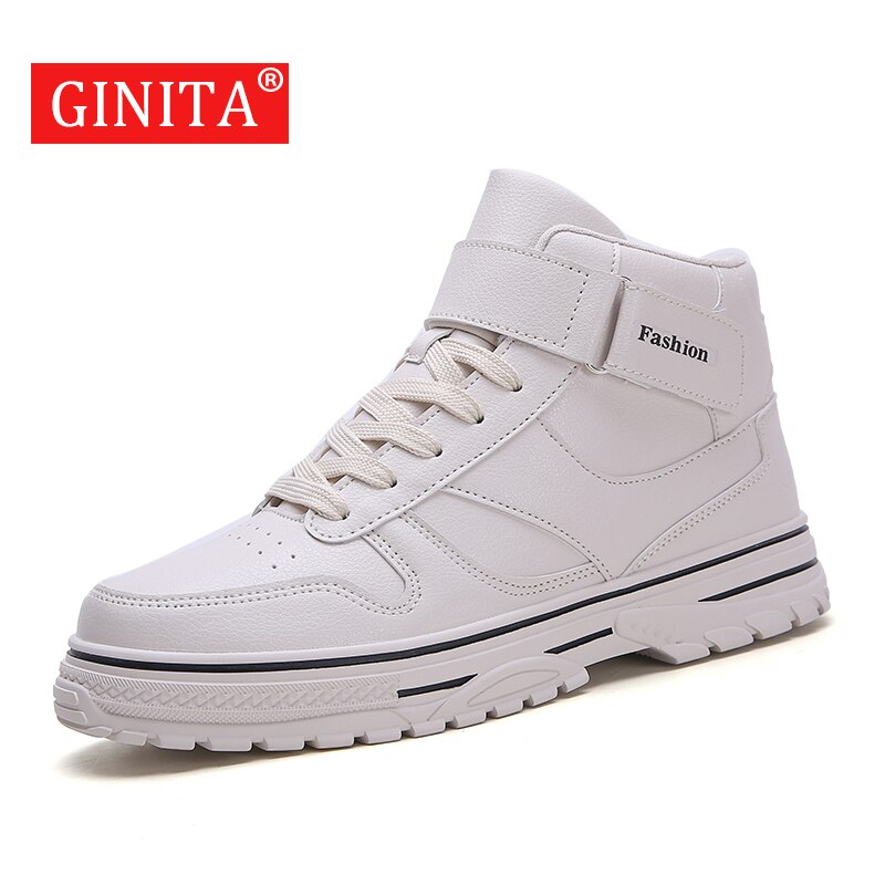 Winter Men's Leather High Cut Casual Shoes White Beige Ankle Boots Man