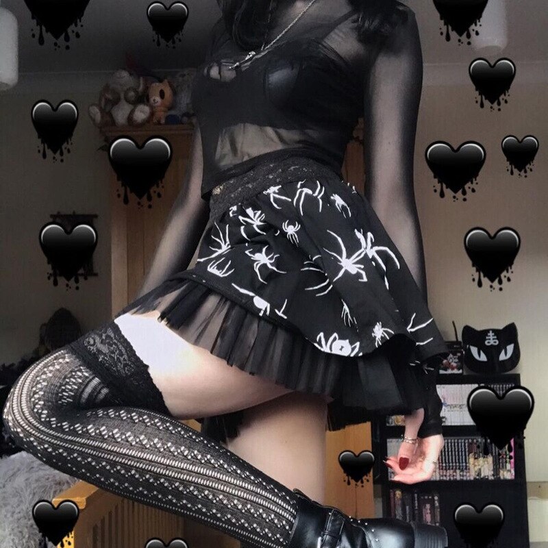 [You're My Secret] Goth Spiders Dark Skirt Egirl Lace Ruffles Clothing Black Grunge Streetwear Y2K Tulle Harajuku Short Skirt