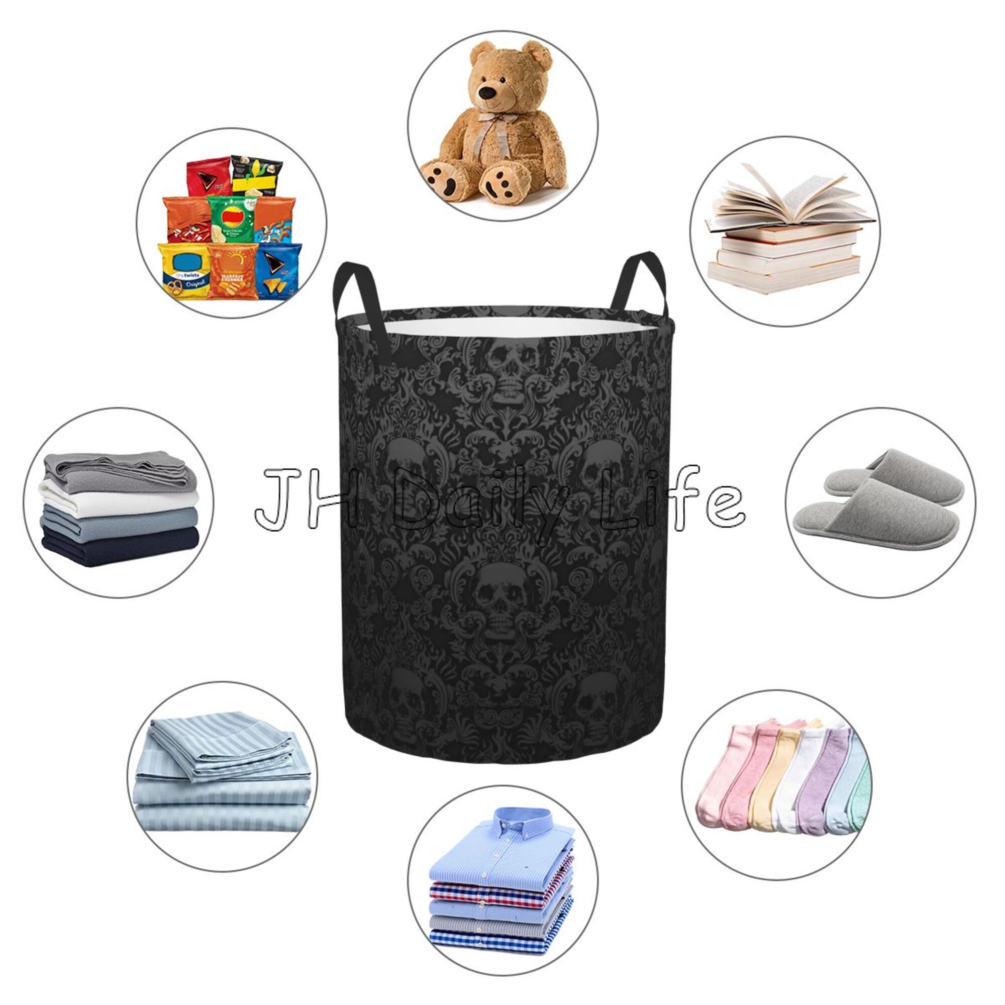 Waterproof Goth Gothic Black Skull Damask Circular Hamper Round Laundry Baskets Foldable Laundry Bags for Bathroom Bedroom Dorm
