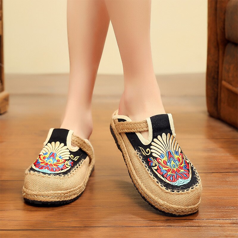 Chinesischen Stil Traditionellen Frauen Rutschen Stickerei Gewebt lässig Alten Peking Handgemachte Tuch Schuhe draussen Leinen Hausschuhe Sandalen
