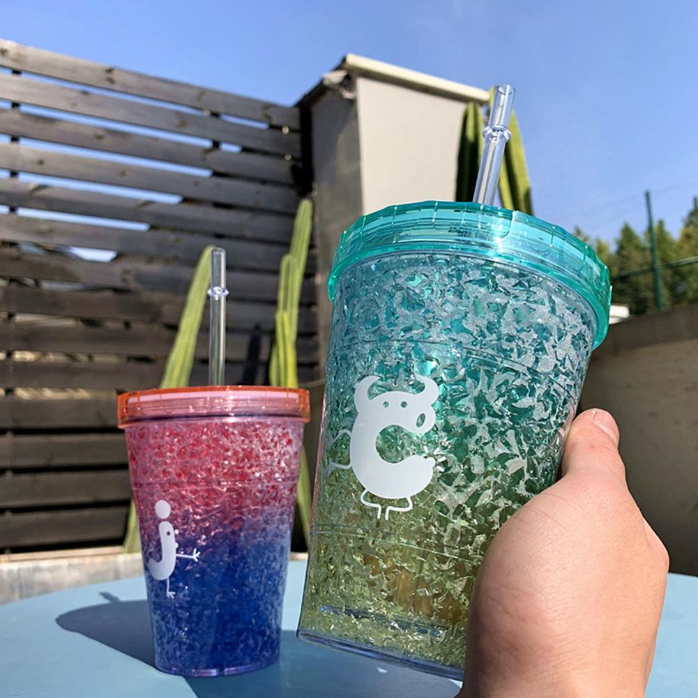 410ml Color Change Ice Cup Double-walled Ice Cold Drink Coffee Tea Cup Summer Iced Plastic Water Cup With Straw