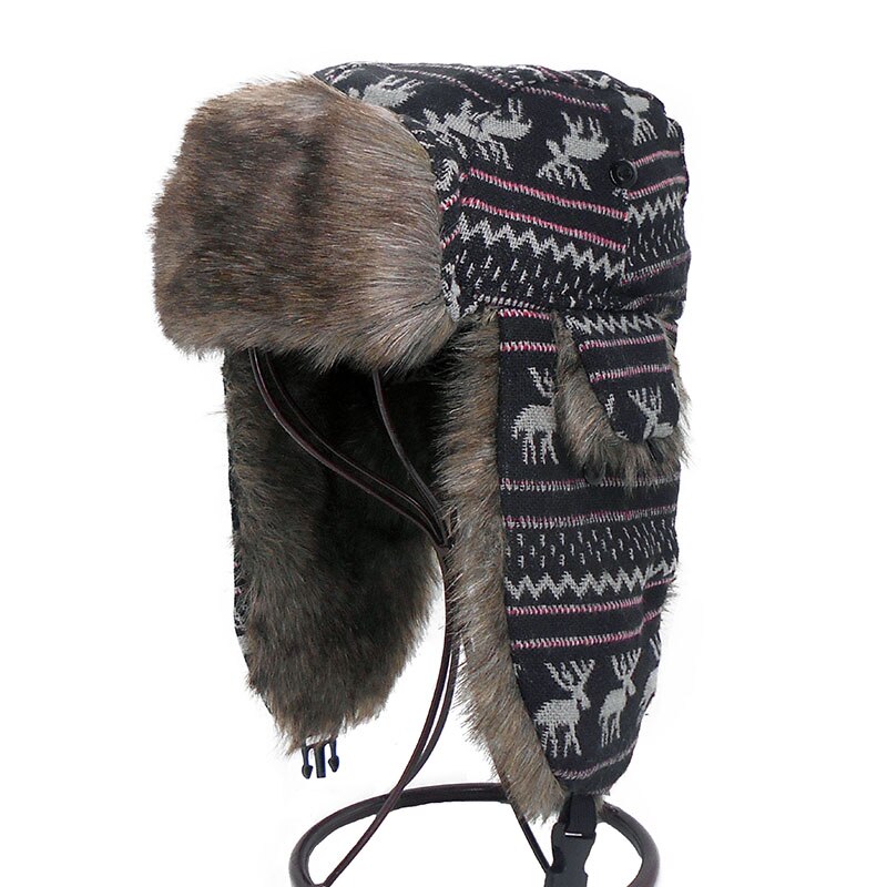 Herre øreklapper vinter bomber hat ushanka russisk hat varm ensfarvet man kasket hyggelige kasketter til mænd: Sort