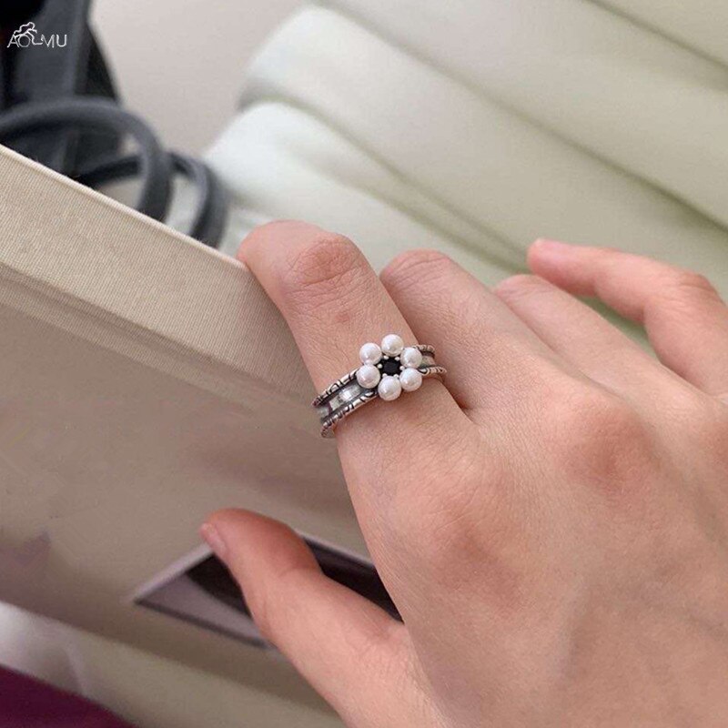 AOMU 1PC Women Vintage Drip Glaze Metal Imitation Pearl Flower Open Rings for Women Party Wedding Jewelry
