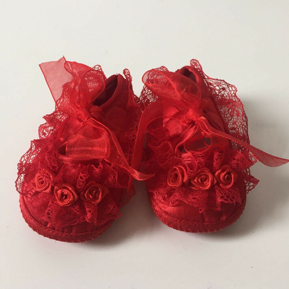 Nyfødt baby pige sød blød sål krybbe blonder sko anti-slip sneakers prewalker baby sko 0-18m: Rød / 10