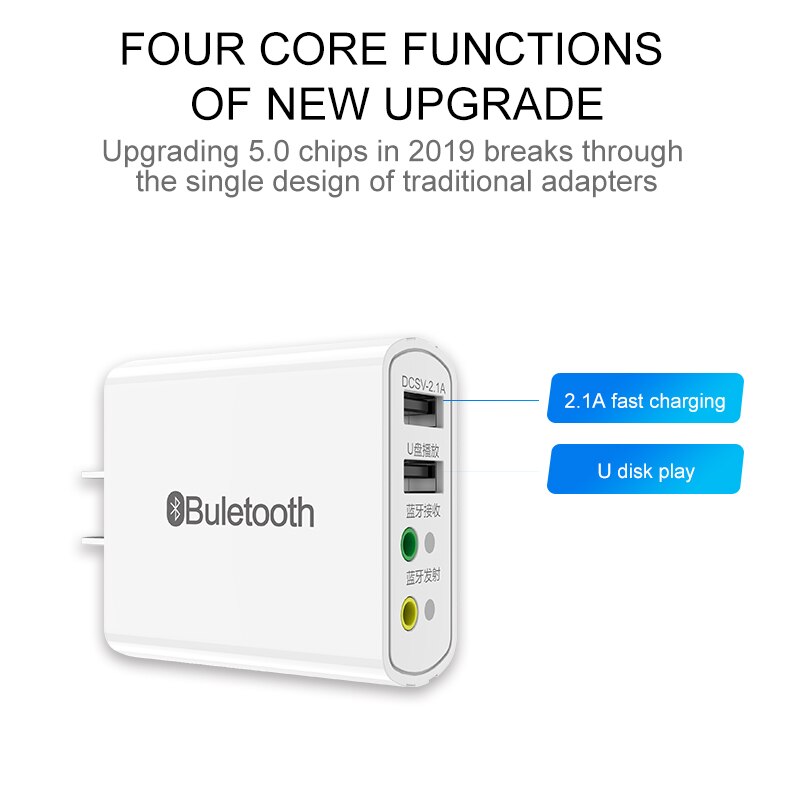 4 in 1 2.1A USB 2.0 Hub + Bluetooth 5.0 Receiver Transimtter with 3.5mm Jack Stereo Aux Audio Wireless Adapter for Speaker Car