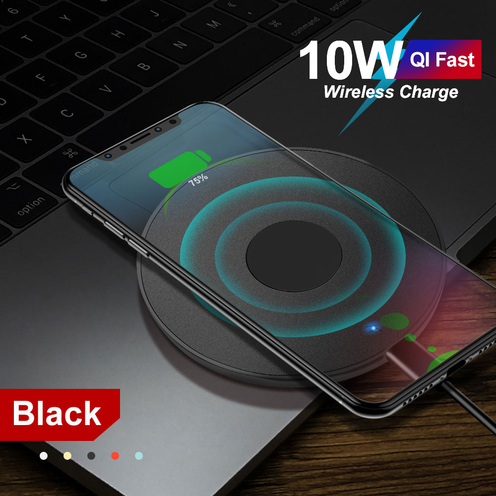 10w qi rask trådløs lading for iphone 11 pro x xs max xr for samsung  s8 s9 s10 pluss note 10 9 ladeplate trådløs lader: Svart