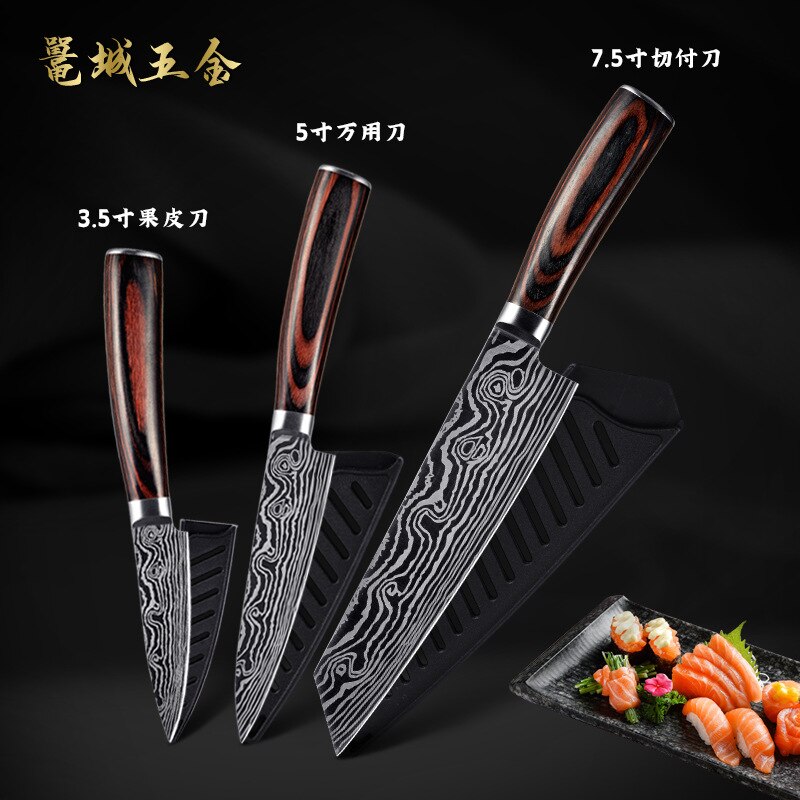 Cuchillo de Chef KnivesHigh de acero inoxidable, dibujo de Damasco, Gyuto, cuchillo de Santoku: 3PCS