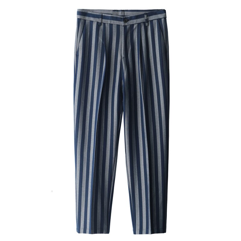 Koreanska randiga kostymbyxor herr slimmade business casual dress byxor herr samhället vilda lösa raka breda ben byxor herr: Marin / Xxl