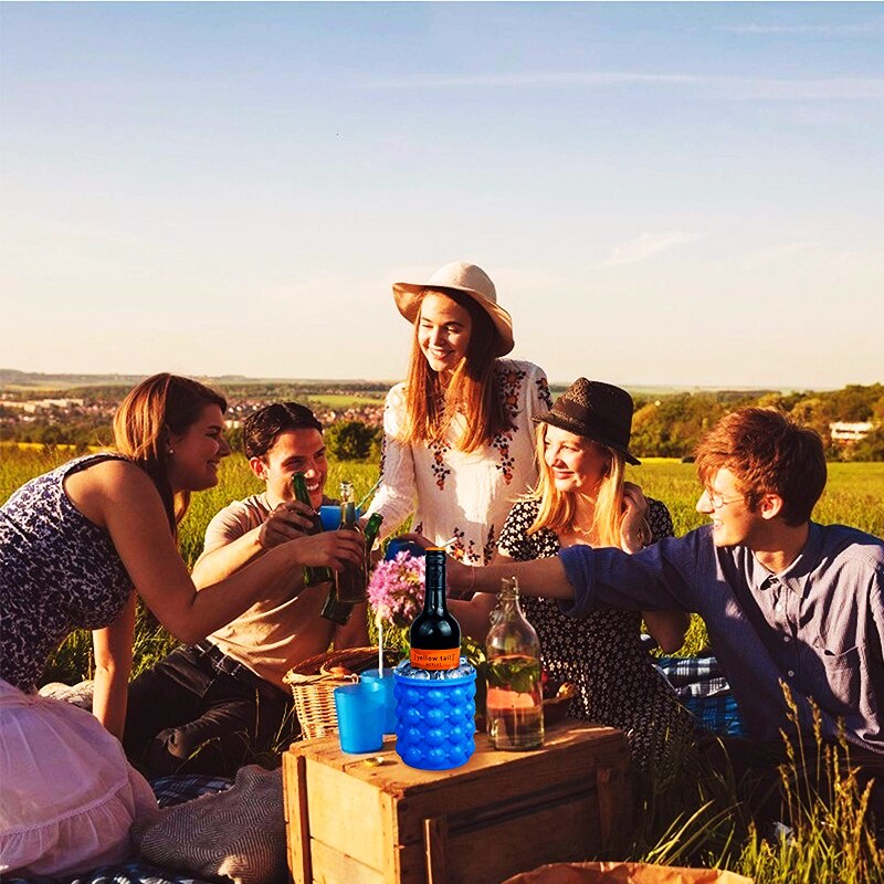 Molde portátil 2 en 1 de gran tamaño de silicona para cubitos de hielo con tapa, cubo ahorrador de espacio, utensilios para cocina y , artículos para bar