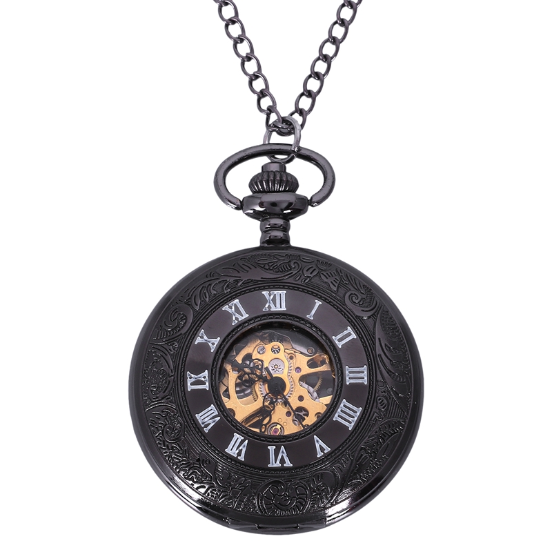 Retro Black Flower Hollow Mechanical Pocket Watch For Mens Steel Steampunk Unique Womens Mens Fob Chain Pocket Watches