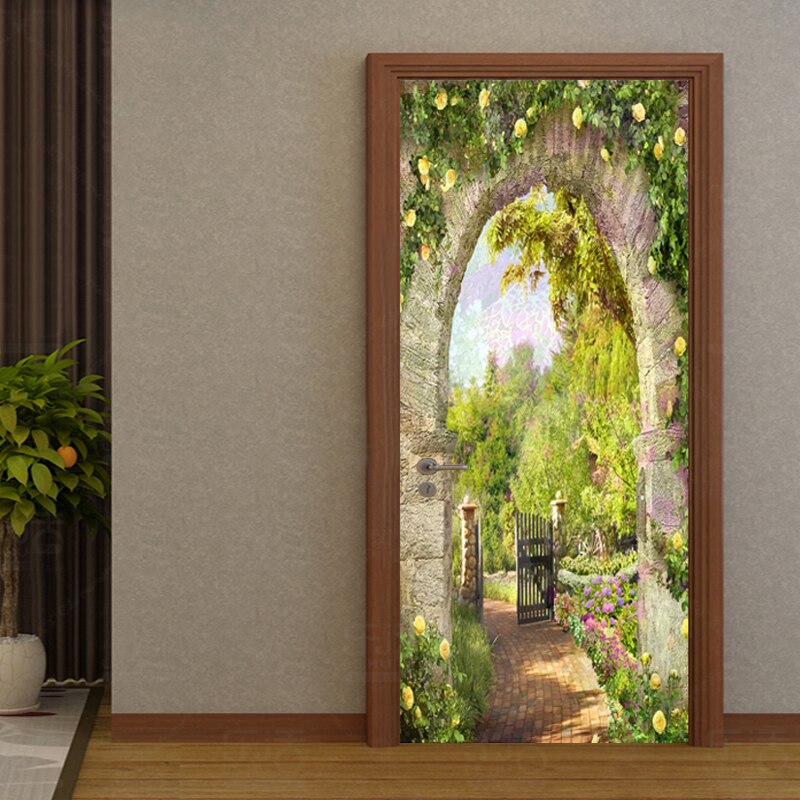 European Style Stone Pillar Garden View Door Sticker Living Room Restaurant Decor Wallpaper PVC Self-Adhesive Stickers