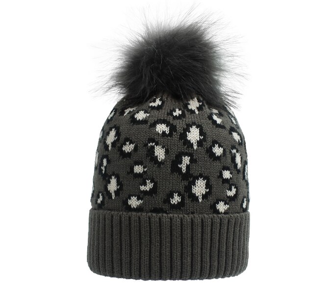Herfst winter luipaard print wol gebreide muts warme oversized haarbal dikke warme muts pompon: Donkergrijs