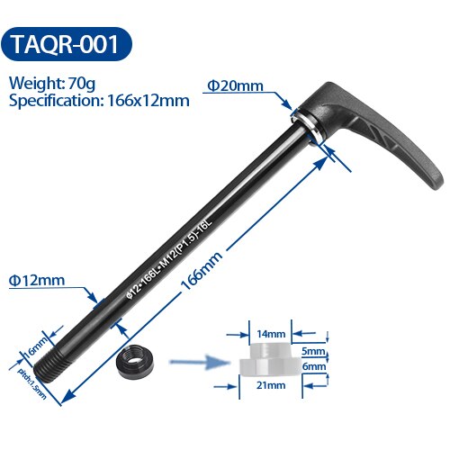 Bicycle alloy Thru axle Skewer 142*12mm Quick Release Bucket Shaft lever for MTB Mountain Bike Aluminum skewers for frame: 166x12mm TAQR-001
