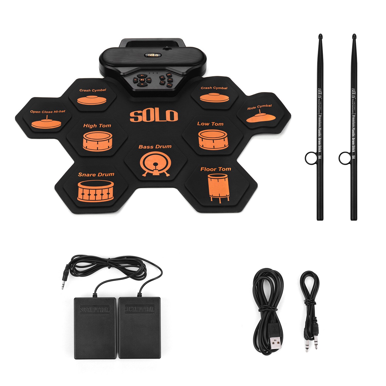 SOLO SD-50 Portable Electronic Drum Pad Digital Silicone Roll-Up Drum Practice Kit 9 Labeled Pads 2 Foot Pedals